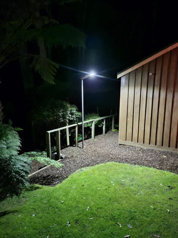 Well-lit pathway beside wooden shed at night