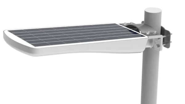 Solar-powered streetlight with sleek design.