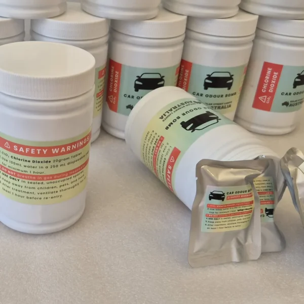 Car odour removal products with safety warnings